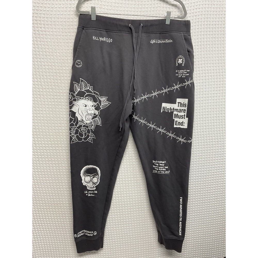 Ninth Hall Jogger Pants Mens Size 2XL Gray Scribbles Tattoo Graphic Sweatpants